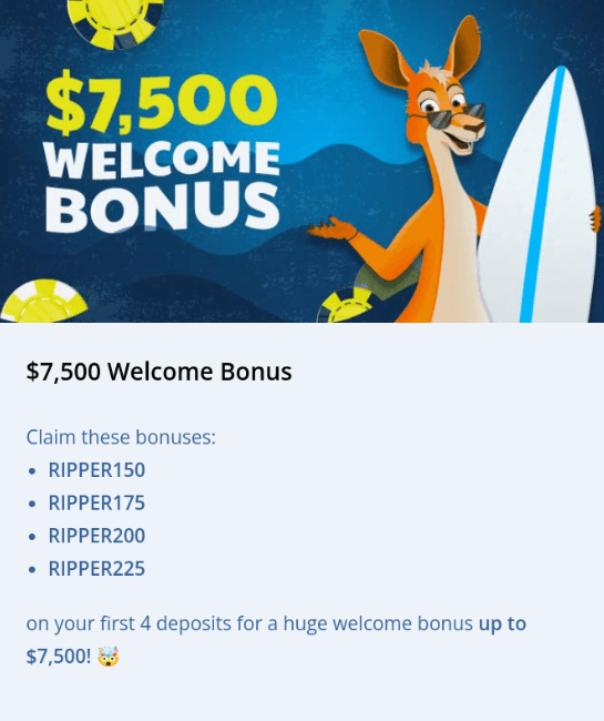 Visual breakdown of Ripper Casino's welcome bonus package showing match percentages and free spins